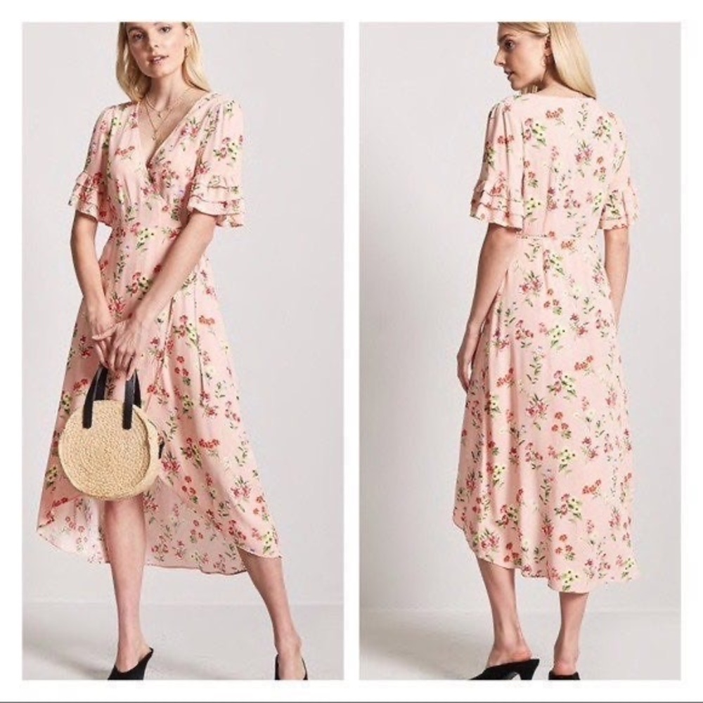 Forever 21 Contemporary pink floral printed wraparound hi-low dress